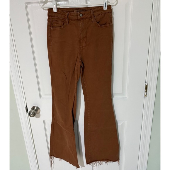 Judy Blue Denim - Judy Blue Brown Garment Dyed Raw Hem Flare Jeans 5/27 Rust High Rise Stretch